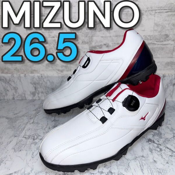 ミズノ MIZUNO ゴルフ BOA ダイヤル式 スパイクシューズ ゴルフシューズ 26.5センチ 白 ホワイト 赤 レッド