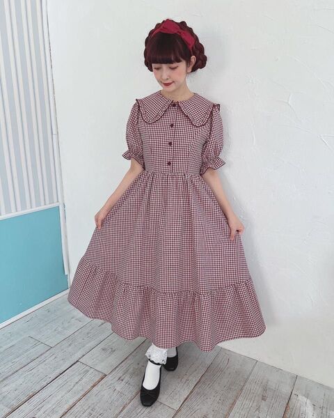しまむら 青木美沙子 ギンガムチェックワンピース 赤 レッド