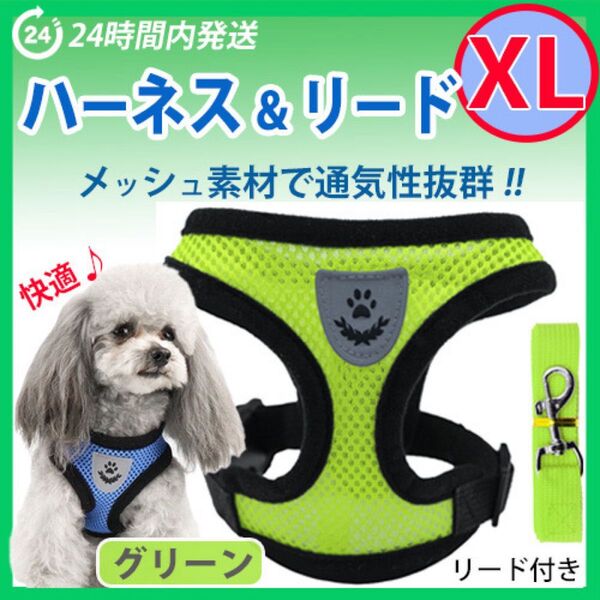 ハーネス【XLサイズ・グリーン】犬用 蒸れないメッシュ素材 ベストタイプ リード付 胴輪 首輪 ペット用品
