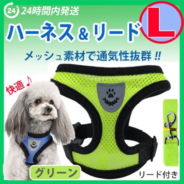 ハーネス【Lサイズ・グリーン】犬用 ベストタイプ 蒸れないメッシュ素材 リード付き 胴輪 散歩 ペット