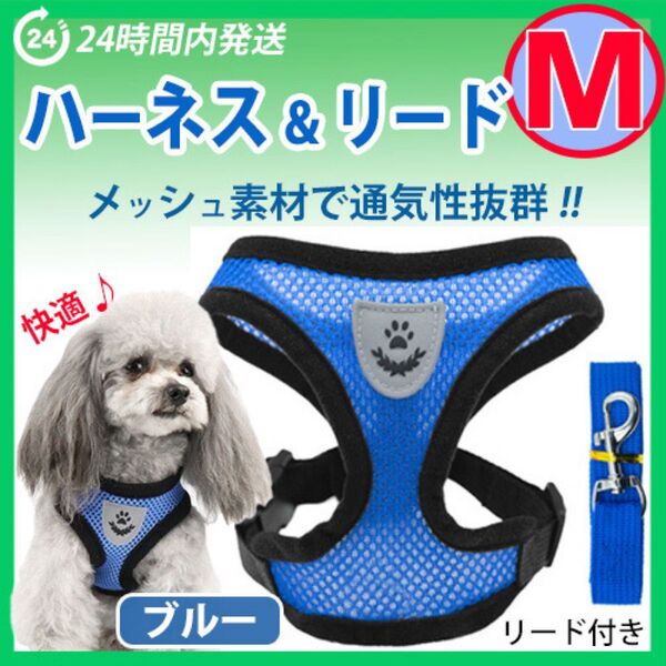 ハーネス【Mサイズ・ブルー】犬用 ベストタイプ 蒸れないメッシュ素材 リード付き 胴輪 散歩 ペット