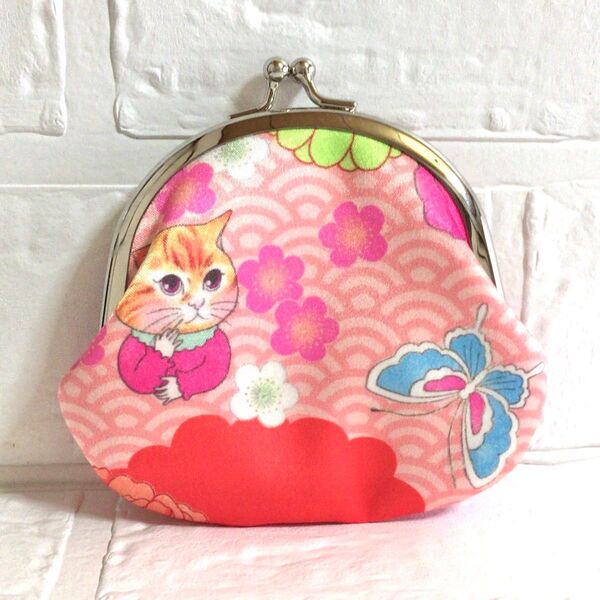 ハンドメイド がま口小銭入れ 猫 サテンオレンジ