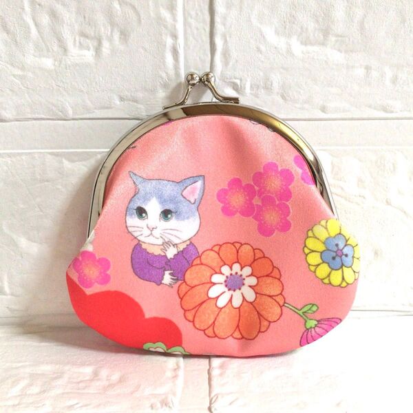 ハンドメイド がま口小銭入れ 猫とうさぎ サテンオレンジ