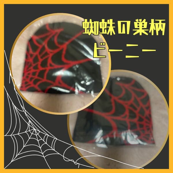 蜘蛛の巣柄 ニット帽 ビーニー(黒、柄赤)