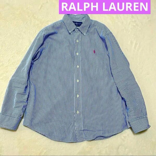 POLO RALPH LAUREN カスタムフィット リネンボタンダウンシャツ LL ラルフローレン ストライプ ロゴ刺繍 長袖
