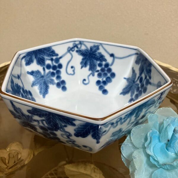 【たち吉】ぶどう絵 盛鉢 六角鉢 和食器 菓子器 華道 茶道