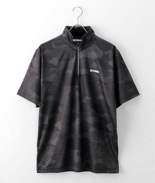 K-SWISS カモフラ半袖ハーフジップシャツ Lサイズ メンズ 吸汗速乾 消臭 オシャレ スポーツ BLACK ブランドロゴ