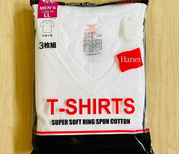 Hanes ヘインズ V首インナーシャツ 半袖 メンズ LLサイズ 3枚組 上質な綿 リングスパンコットン ホワイト系