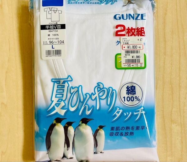GUNZE 半袖V首シャツ Lサイズ メンズ 綿100% 夏ひんやりタッチ 2枚組 ホワイト シンプル 春夏 送料込み