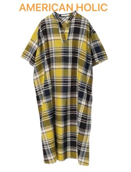 AMERICAN HOLIC リネンブレンドチェックスキッパーワンピース M ナチュラル系