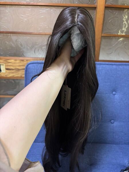 韓国風 前髪なし ゆるカール ロングヘアーフルウィッグ ダークブラウン