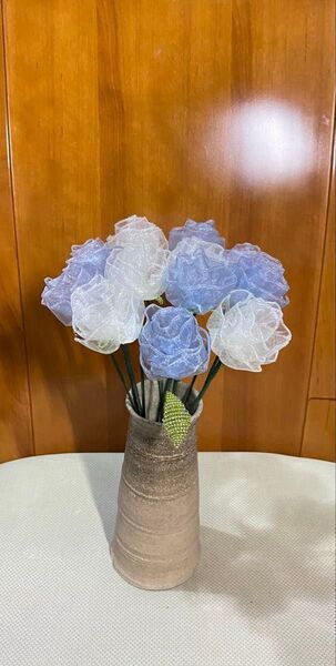 薔薇 枯れない花 ブーケ 12本 ブルー ホワイト ハンドメイド オーガンジーリボン