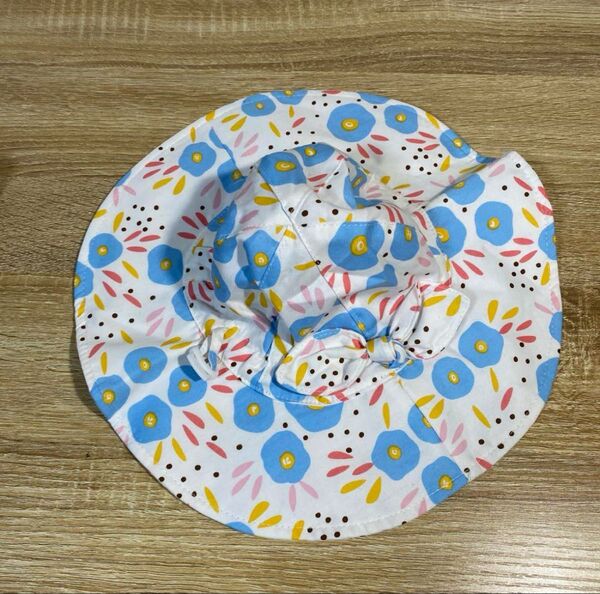 キッズ 帽子 こども 日よけ 50cm ブルー 花 フラワー