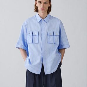 【極美品】GU ユーティリティシャツ(5分袖) by rokh ストライプ ブルー コラボ シャツ 半袖 半袖シャツ シャツ