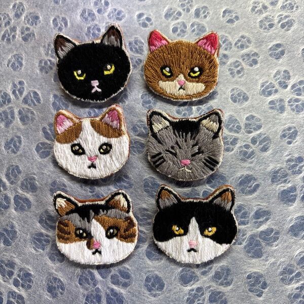 6個セット 刺繍 ハンドメイド ブローチ 猫ちゃんブローチ ハチワレ 猫好き