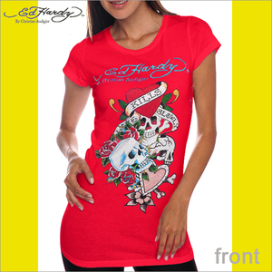 Ed Hardy エドハーディー レディース　トリプル　スカル　プラチナム　ラインストーン Tシャツ　レッド　M