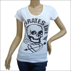 レディース PIRATES LIFE　スカル　ハート　ロゴ　プリント　Tシャツ　オフホワイト