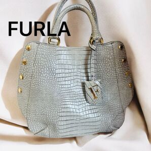 【極美品】FURLA フルラ トートバッグ ハンド クロコ型押し グレー 内袋付 レザー ハンドバッグ