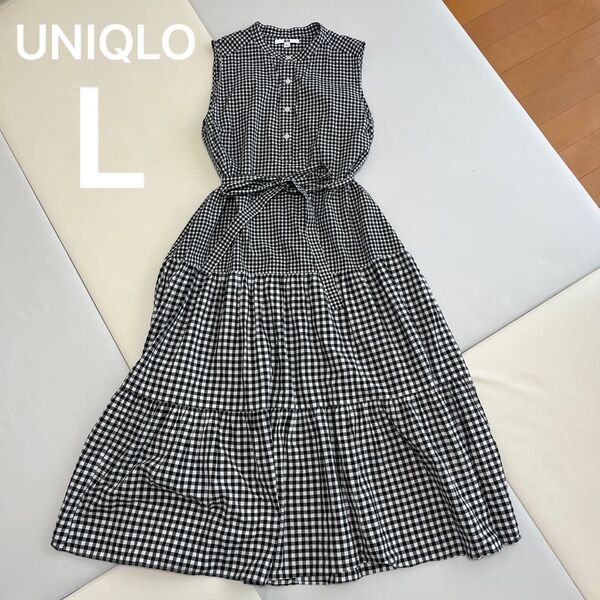 UNIQLO スラブコットンワンピース マキシワンピース ギンガムチェック 黒 ノースリーブ ワンピース