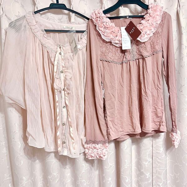 アクシーズ アクシーズファム トップス Tシャツ シャツ ブラウス ピンク リボン フリル 長袖 シースルー 半袖 新品 タグ付き