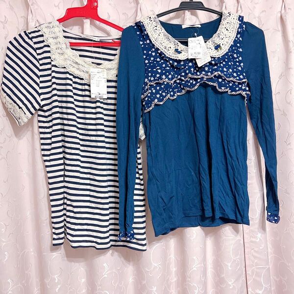 アクシーズファム アクシーズ 新品 トップス 半袖 長袖 Tシャツ ブラウス フリル レース ネイビー ブルー 刺繍 半袖Tシャツ