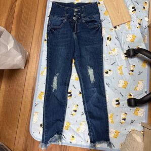 デニムパンツ ダメージ加工 ハイウエスト ブルー系