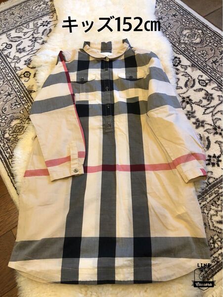 超美品本物バーバリーBurberry上質コットンチェック柄シャツワンピース☆152㎝