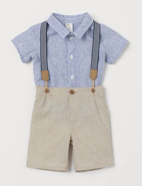 H&M 3点セットシャツ ショートパンツ サスペンダー 90 80 ライトブルー ライトベージュ 男の子 ベビー服 子供服 セット