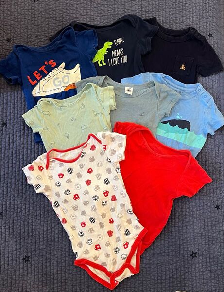 80 ロンパース 8着セット 男の子 半袖 gap カーターズ プチバトー 1歳 くじら 恐竜 コップ まとめ売り 赤 青 緑