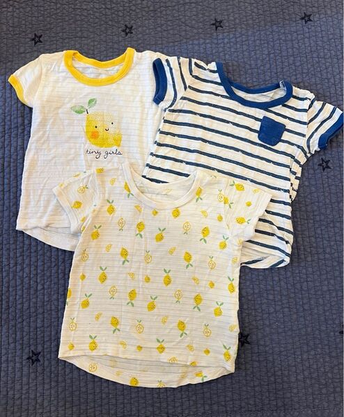 80 半袖Tシャツ3枚セット まとめ売り レモン ボーダー ポケット 保育園 幼稚園 洗い替え イオン バックロング 男女兼用