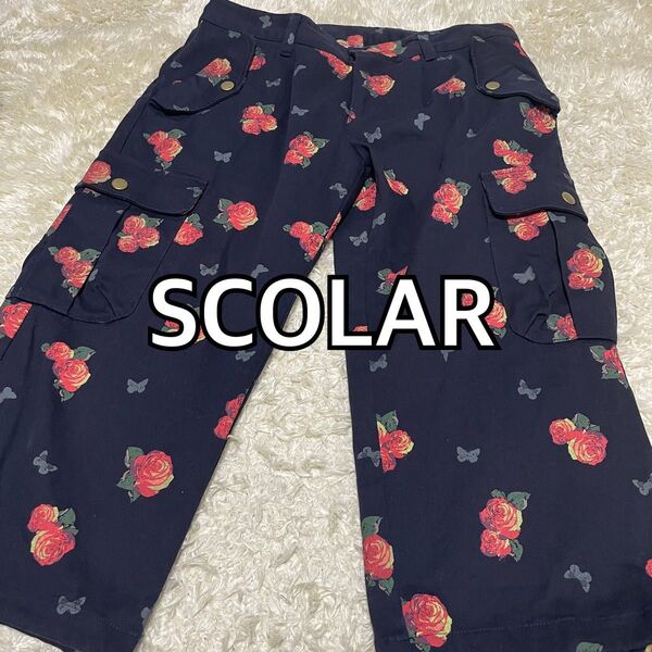 SCOLAR スカラー 五分丈 カーゴパンツ 薔薇 蝶々 総柄 ネイビー