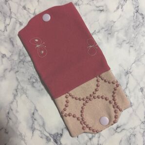 ハンドメイド マスクケース タンバリン choucho ピンク×ピンクベージュ ツートンカラー 刺繍
