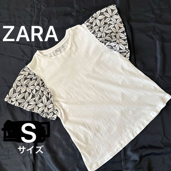 ZARA トップス お袖レース 花柄 tシャツ カットソー ホワイト 白