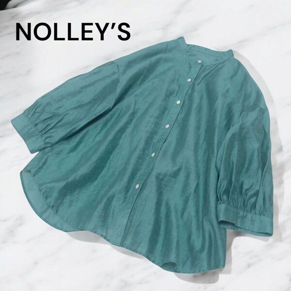 美品★NOLLEY’S★ノーリーズ★シアースラブ2wayブラウス★パフスリーブ★ラウンドカラーシャツ★リネン混★グリーン