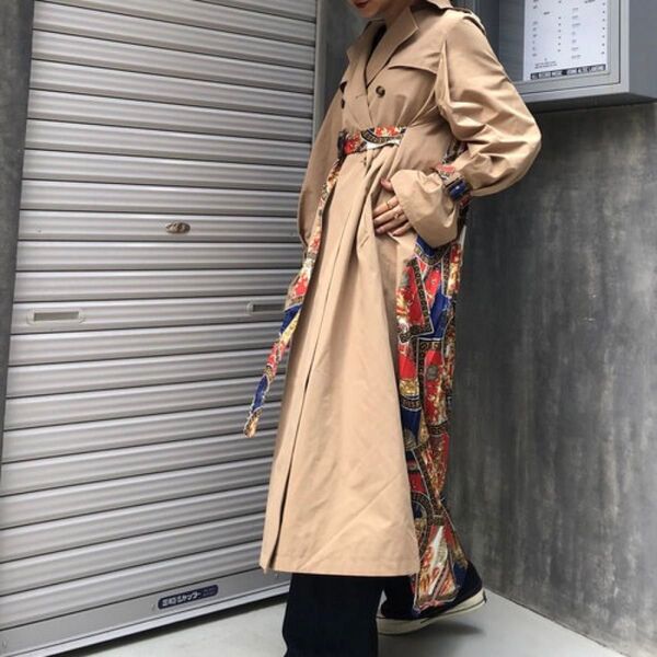 CIEL'AIR シエルエアー バックスカーフ柄 ボリューム トレンチコート 超ロング プリーツ コンシャストレンチコート F