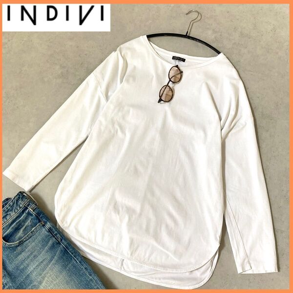INDIVI ホワイト 長袖 カットソーTシャツ ラウンドヘムプルオーバーM