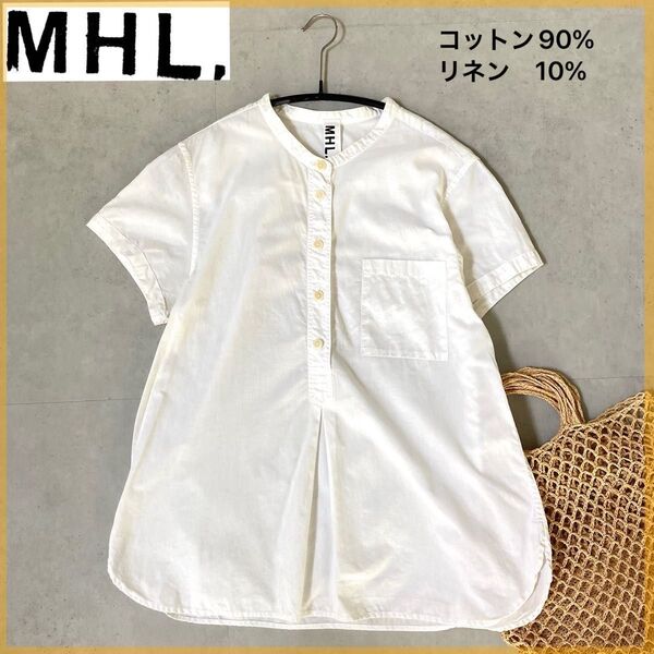 美品MHL. コットンリネン混半袖シャツ プルオーバー バンドカラーAライン