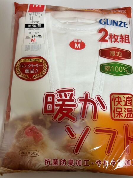 GUNZE メンズ 半袖U首シャツ 2枚組 Mサイズ ホワイト 厚地 保温 綿100%