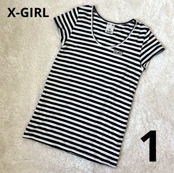 X-GIRL エックスガール 半袖Tシャツ ロゴワッペン 紺色白色ボーダー S