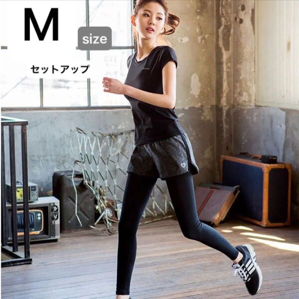Mサイズ スポーツウェア セットアップ スコーツ Tシャツ レギンス ヨガ ジム スポーツ 速乾 ブラック 黒 筋トレ 部屋着