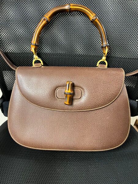 美品グッチ ハンドバッグ オールドグッチ バンブー レザー 000010633 GUCCI 2wayショルダー ブラウン