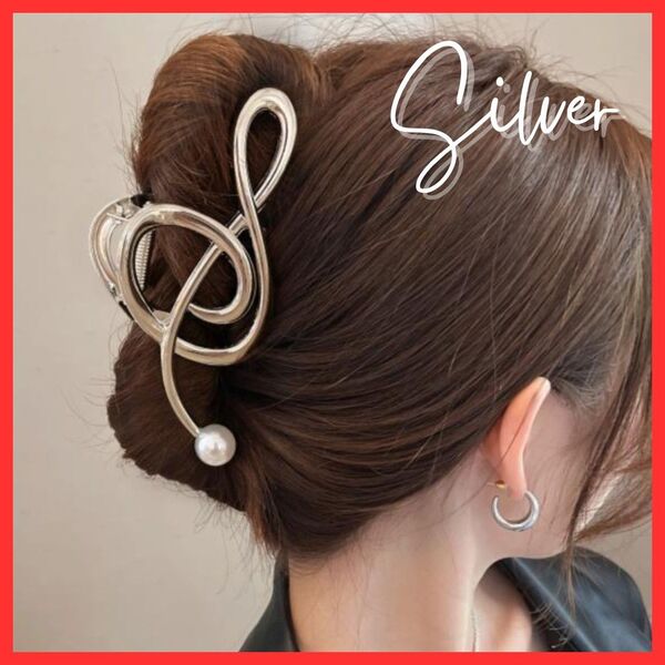 【エレガント】音符 バンスクリップ ヘアアクセサリー ト音記号 シルバー フェイクパール 上品 個性的 おしゃれ 音楽 韓国風