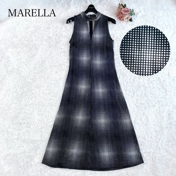 美品 MAX MARA マックスマーラ MARELLA マレーラ ワンピース 総柄 スクエア フレア ロング ハイネック 40