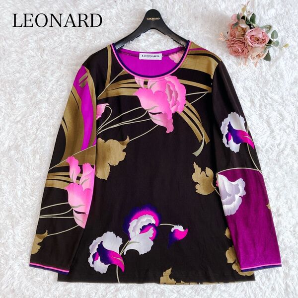 美品 LEONARD レオナール パリス 高級 カットソー 大きいサイズ シルク 絹 花 トリム ピンク ブラウン 46 XL