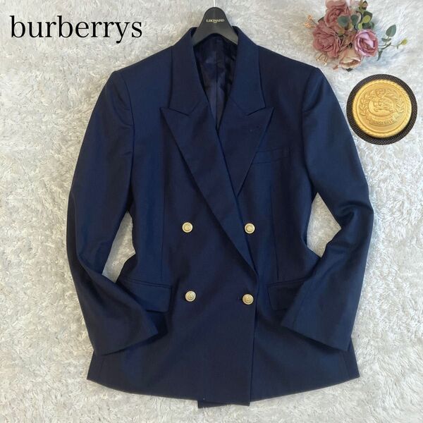 美品 burberrys BURBERRY バーバリーズ 紺ブレ テーラードジャケット 金ボタン ブレザー 刻印 ダブルブレスト