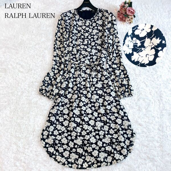 美品 LAUREN RALPH LAUREN ローレンラルフローレン ワンピース 総柄 花柄 ベルト ロング ボタニカル 紺 白