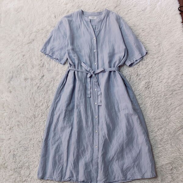 【美品】ユニクロ リネン ストライプ シャツワンピース ブルー ベルト付き Vネック L 横幅ゆったり 体型カバー ギャザー