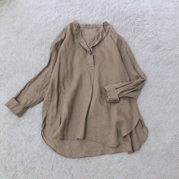 【美品】無印良品リネン麻 ベージュ 長袖 ブラウスシャツ スタンドカラーL ブラウス 麻 チュニック シャツ ストライプ リネ