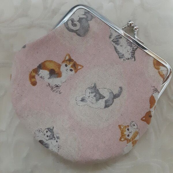 がま口 ポーチ小物入れ猫ちゃんくすみピン クかすのこしハンドメイド