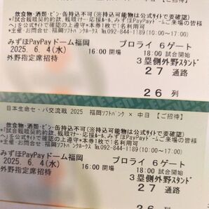 【通路側から2枚】2025年6月4日(水)福岡ソフトバンクvs中日 3塁外野指定席